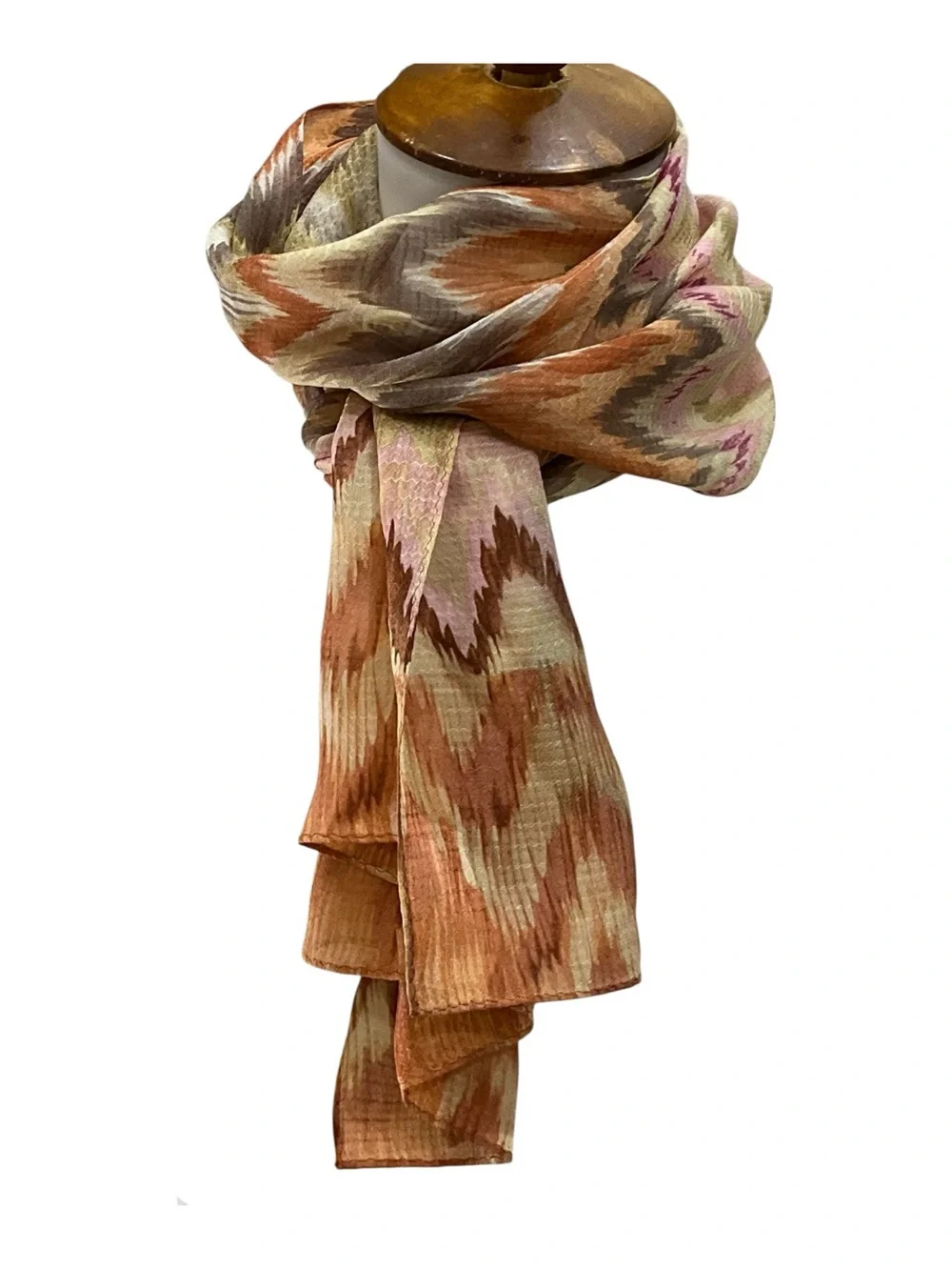 Echo 100% Silk Scarf Chevron Zigzag Print Pink Brown Orange Oblong